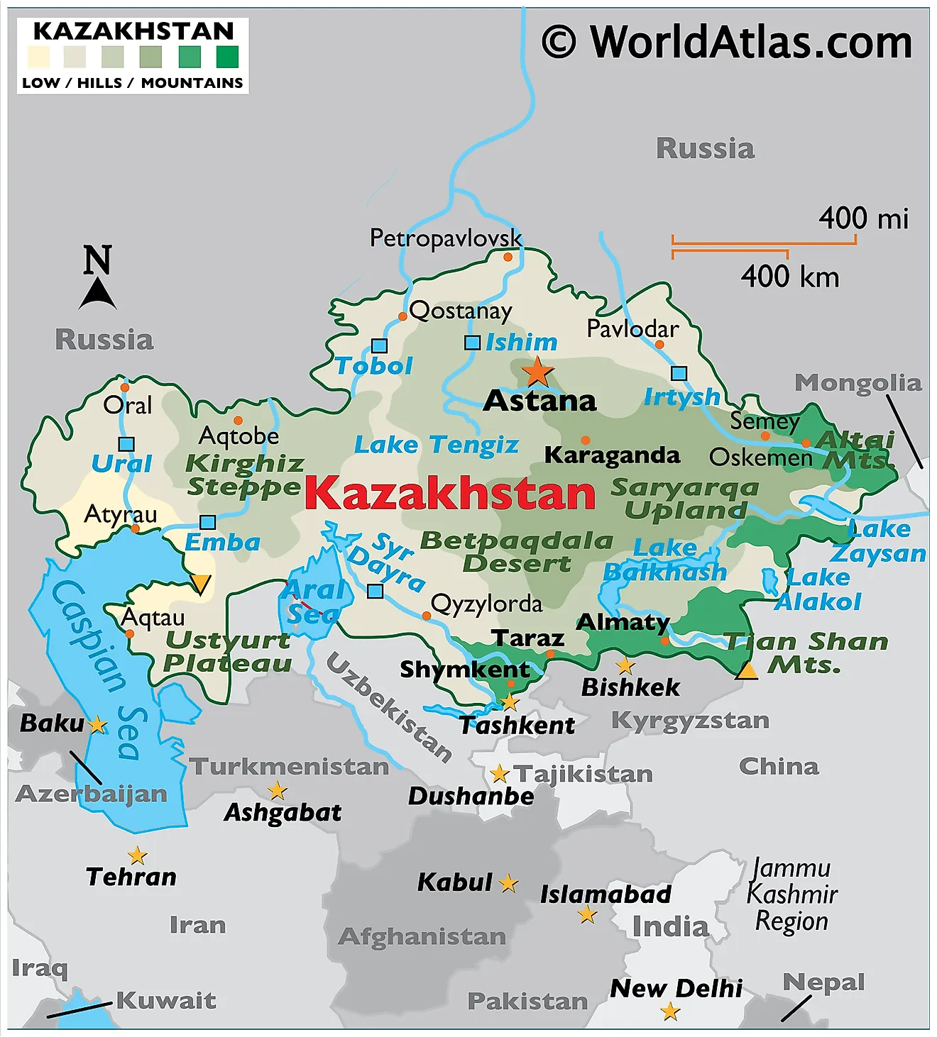 Physical Map of Kazakhstan showing relief, mountains, highest point and lowest points, major lakes, rivers, important urban centres, etc.