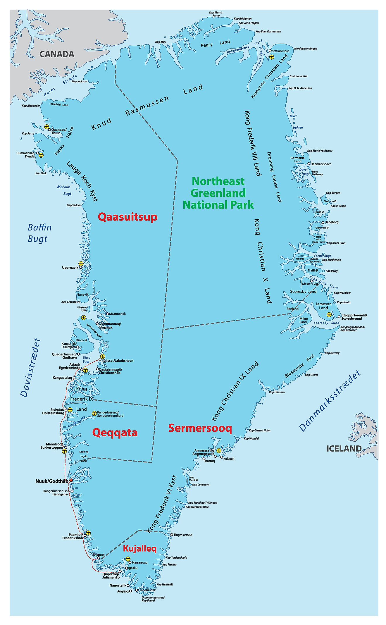 Mapa político de Groenlandia que muestra sus 5 municipios y la ciudad capital de Nuuk.