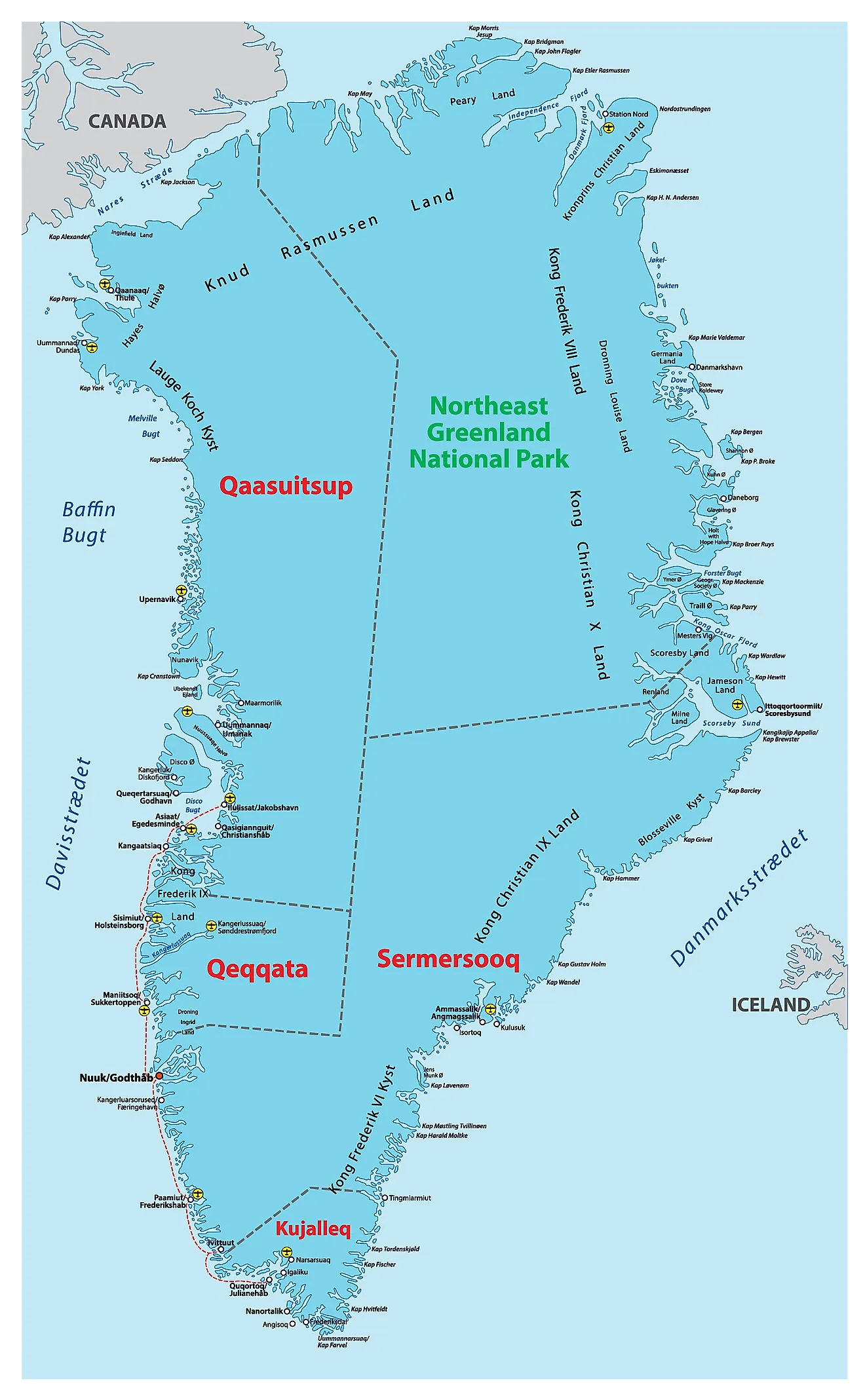 Mapa político de Groenlandia que muestra sus 5 municipios y la ciudad capital de Nuuk.