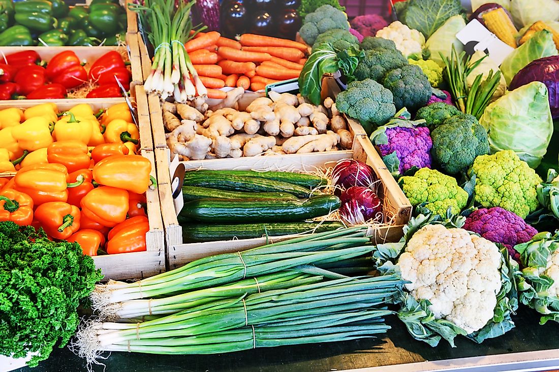 Local produce at a market. The consumption of local produce is often suggested by those who criticize large distances of food miles. 