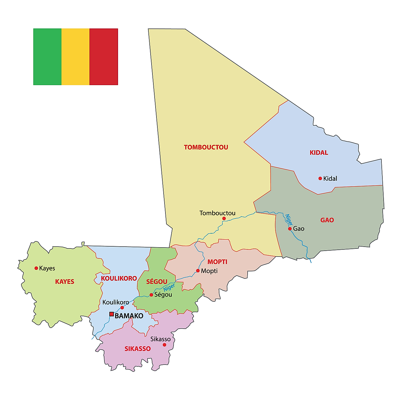Mapa político de Malí que muestra 10 regiones, su capital y la capital nacional de Bamako.