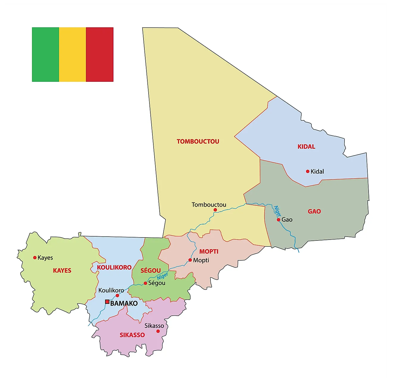 Mapa político de Malí que muestra 10 regiones, su capital y la capital nacional de Bamako.