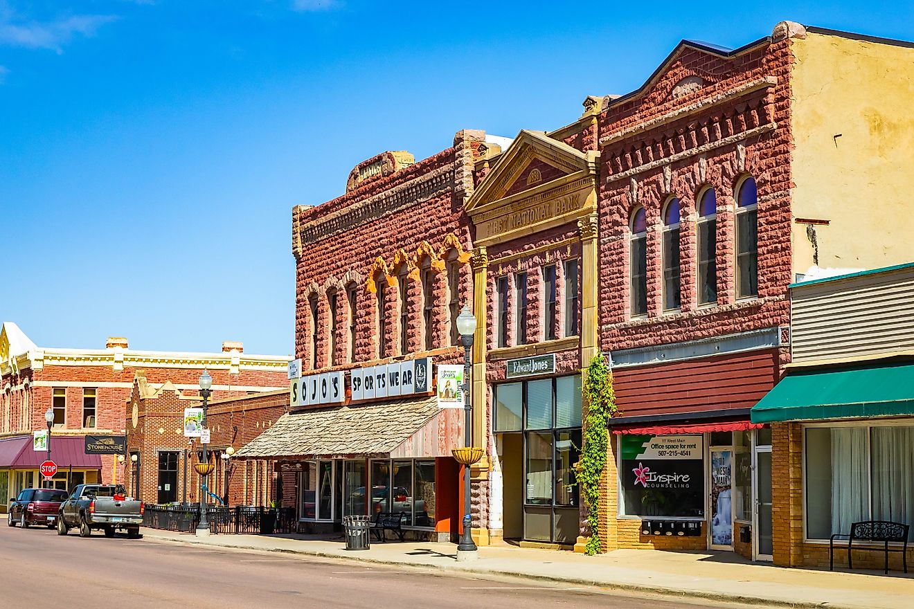 Pipestone Minnesota's historic commercial district and preserved architecture. Editorial credit: Photo Spirit / Shutterstock.com