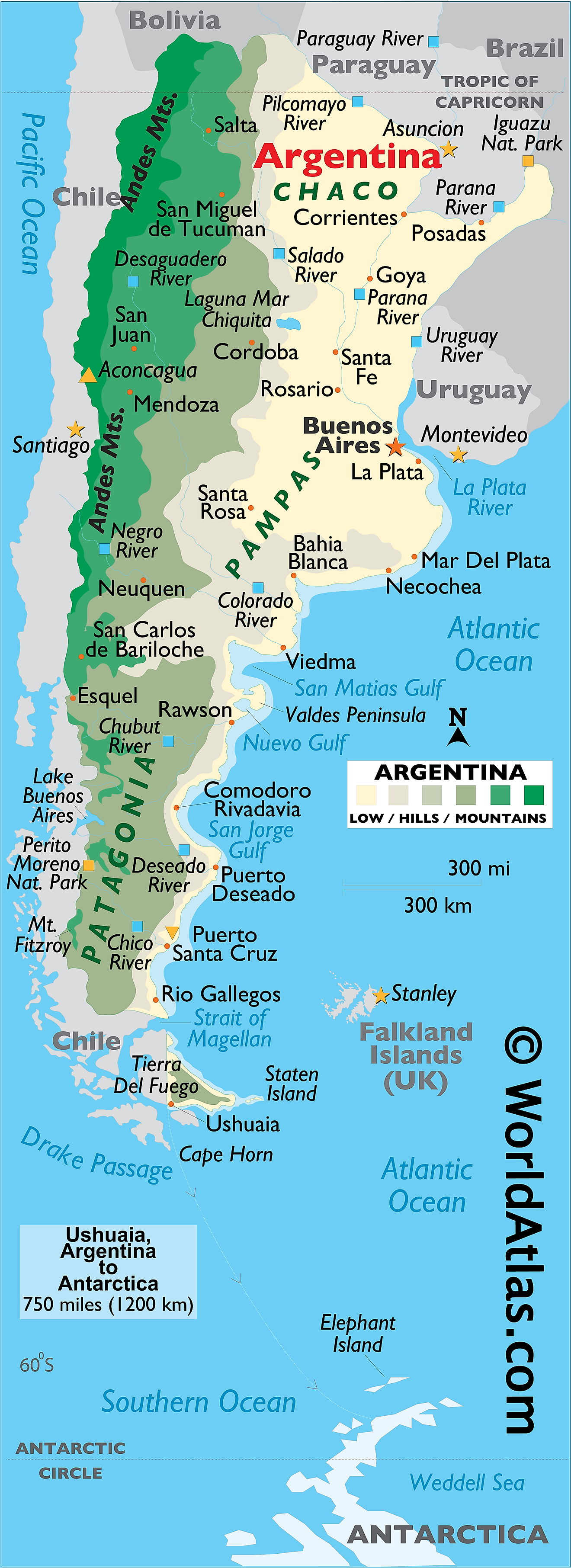 Mapa Físico de Argentina que muestra el relieve, las regiones patagónicas y pampeanas, los ríos, las cadenas montañosas, el Cabo de Hornos, los principales lagos, las ciudades importantes y más.