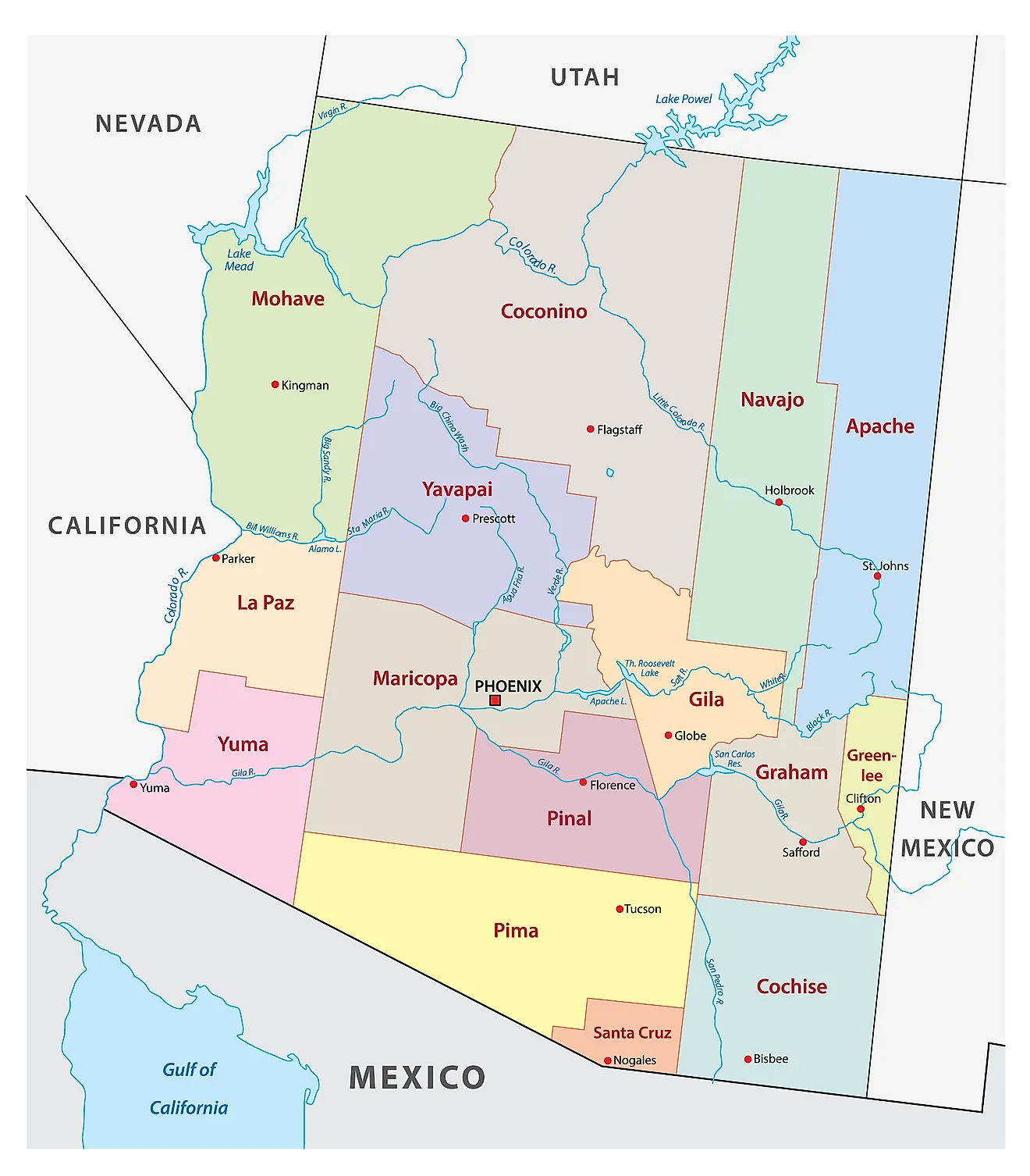 Administrative Map of Arizona showing its 15 counties and capital city - Phoenix