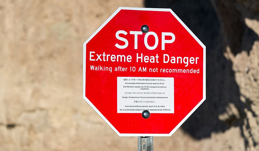 Extreme heat warning sign at Death Valley National Park in California.