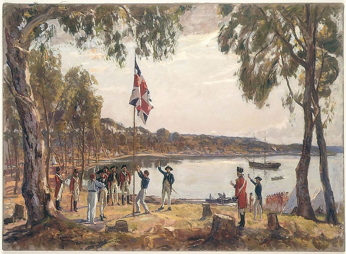 Governor Arthur Phillip hoists the British flag over the new colony at Sydney in 1788.