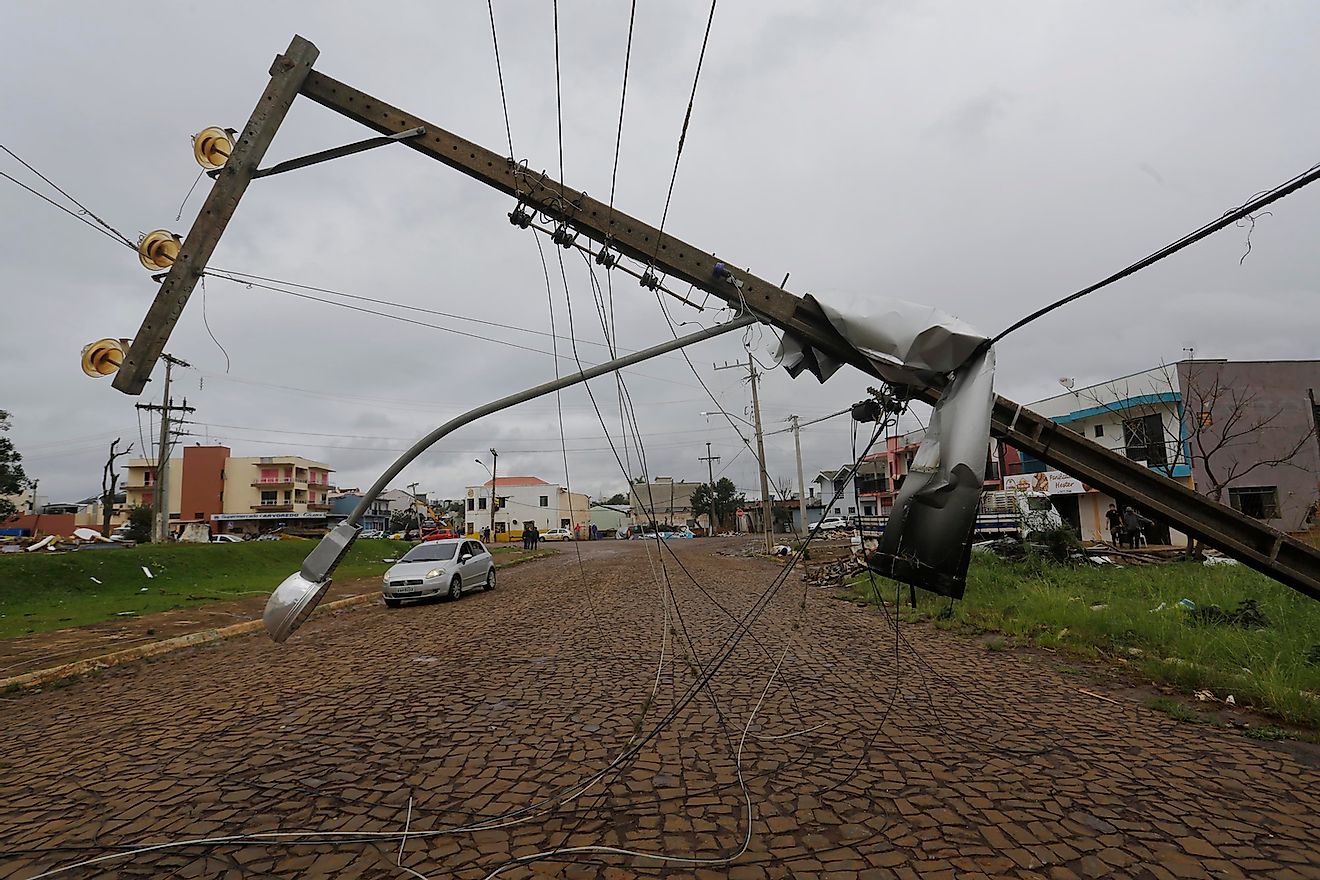 Xanxere, SC / Brazil - April 22, 2015: Power line is down after get destroyed by a tornado in Santa Catarina state killing two people and leaving hundreds homeless. Image credit: Nelson Antoine/Shutterstock.com
