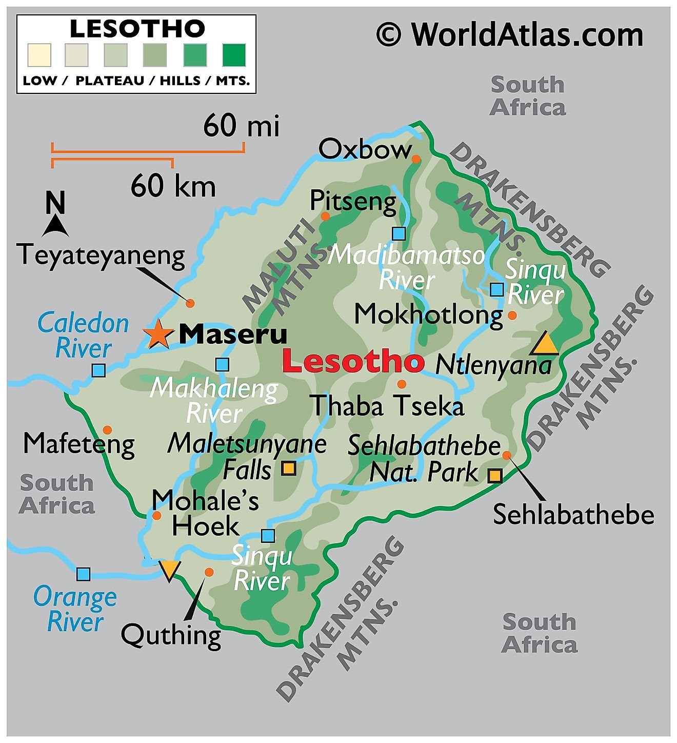 Mapa físico de Lesotho que muestra los límites estatales, el relieve, los principales ríos, los puntos más altos y más bajos y los principales asentamientos.