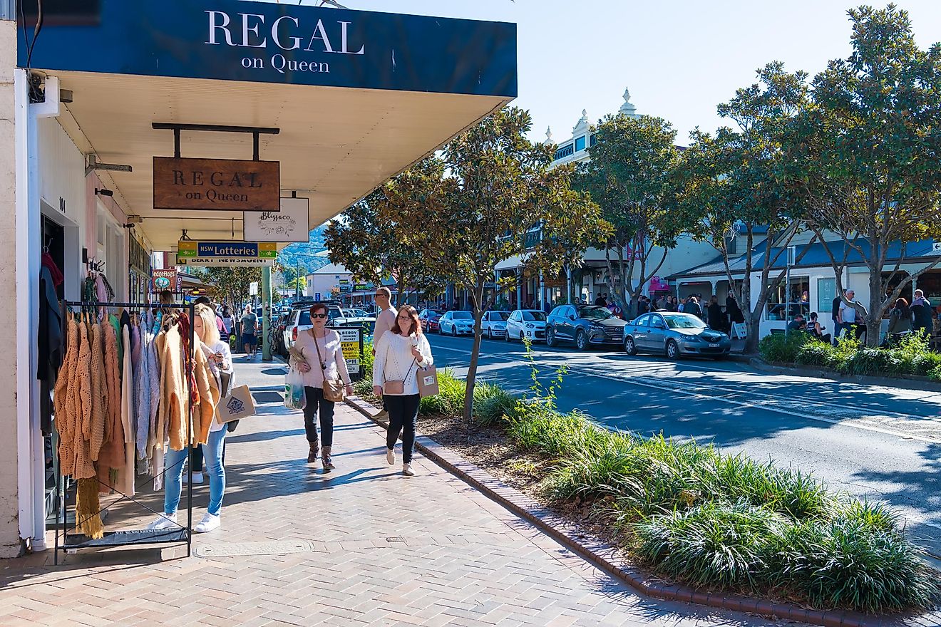 People enjoying the long weekend in the small historic country town of Berry, New South Wales, best known for award-winning restaurants