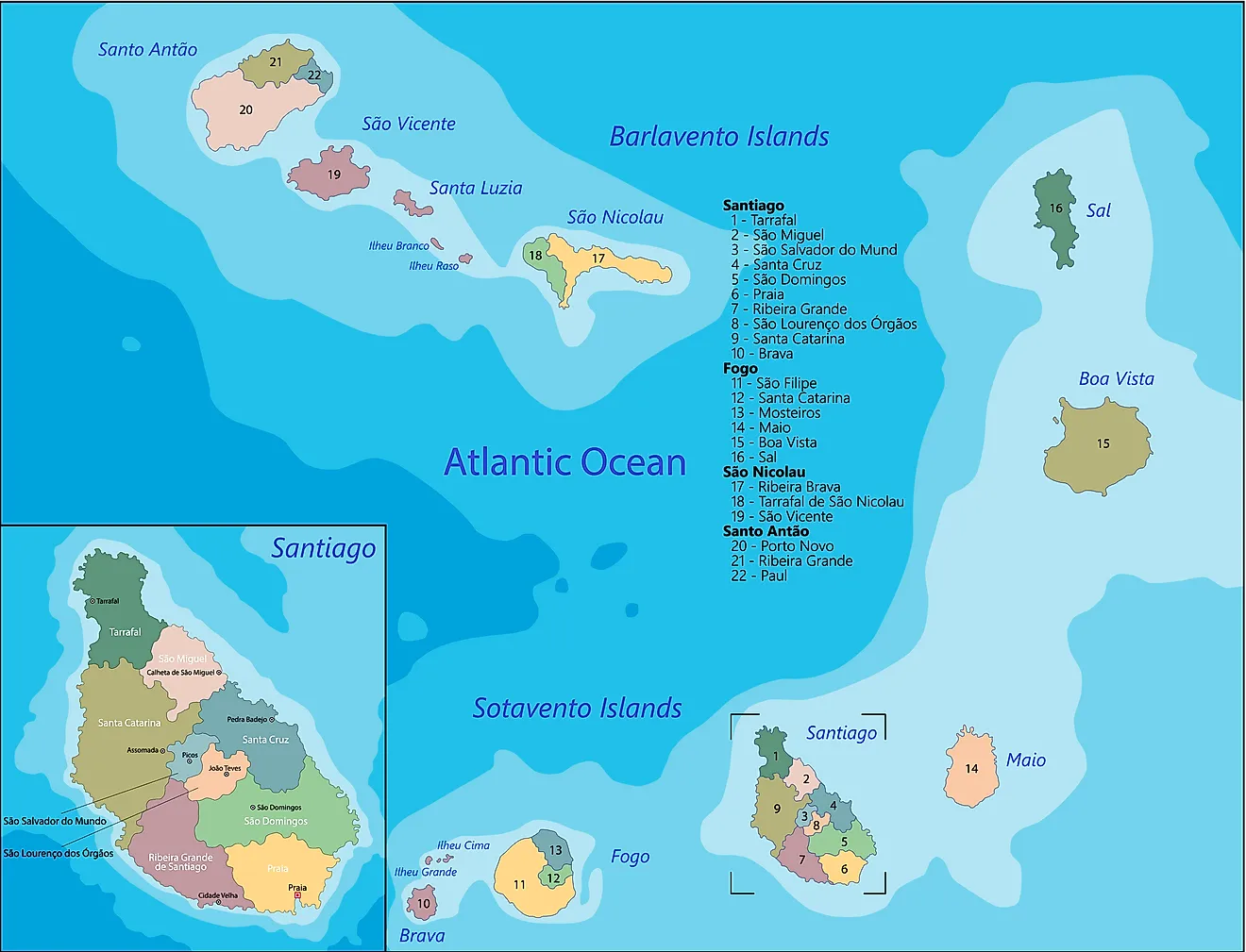 Political Map of Cape Verde showing 22 municipalities.