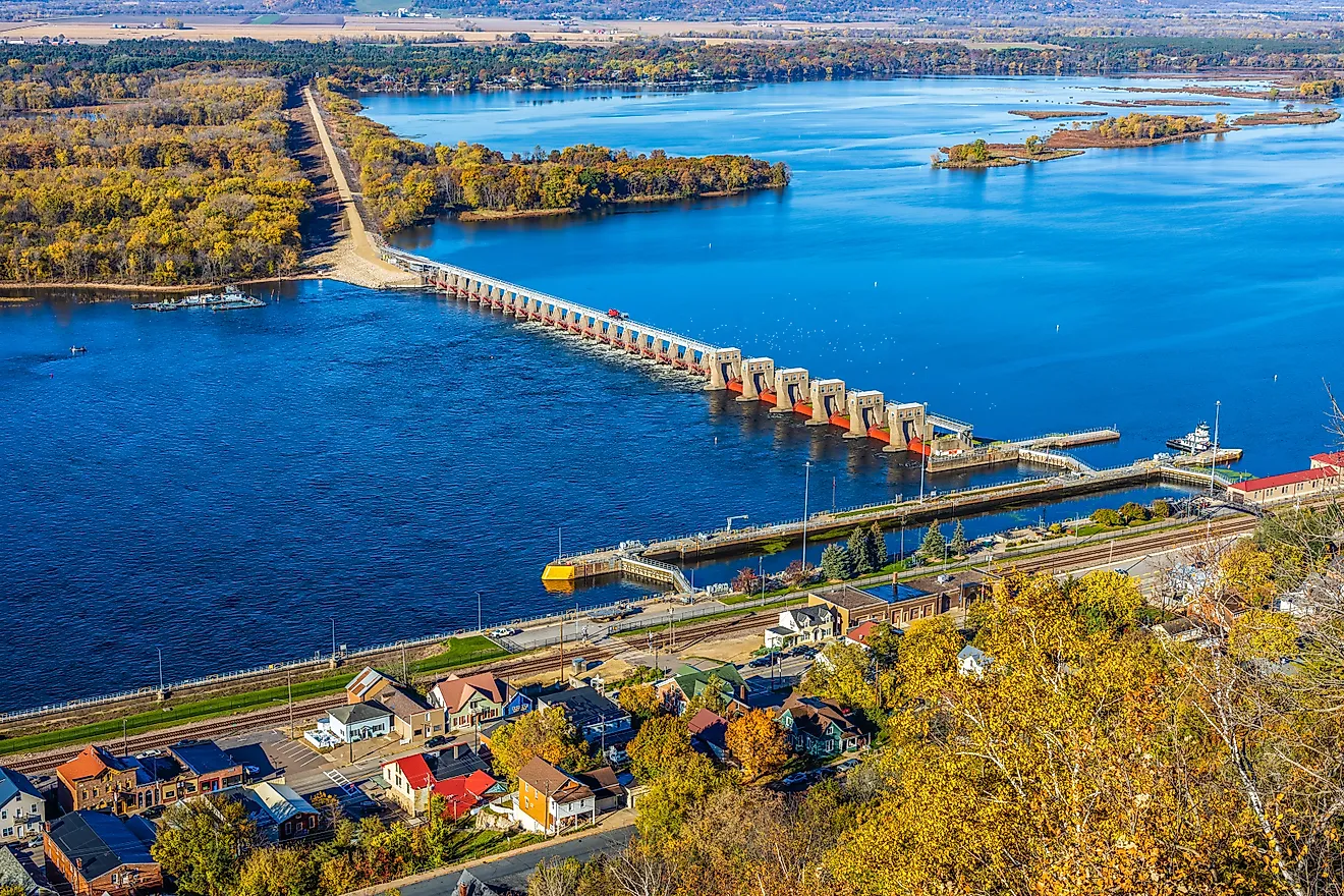 View from Buena Vista Park of the Mississippi river Lock and Dam #4 in Alma, Wisconsin