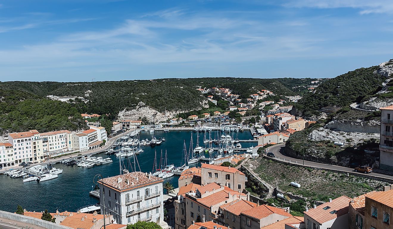 Aerial view of the harbor in Bonifacio, Corsica, an ancient city located directly on the Mediterranean Sea, separated from Sardinia by the Strait of Bonifacio.