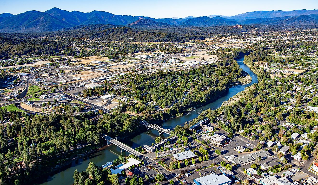 Aerial view of downtown Grants Pass with the Rogue River.