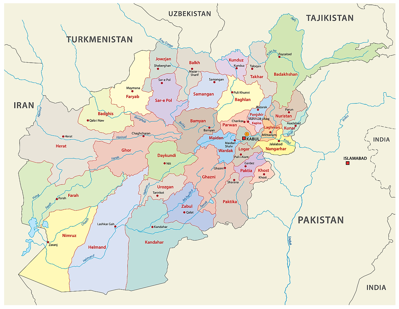 Political Map of Afghanistan showing the 34 provinces and the national capital of Kabul.