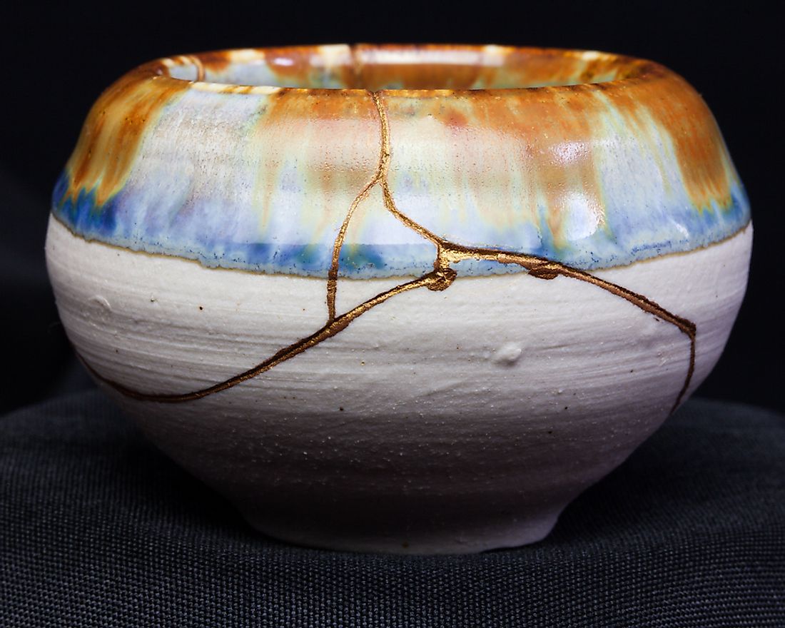 A piece of pottery that has been repaired using kintsugi. 