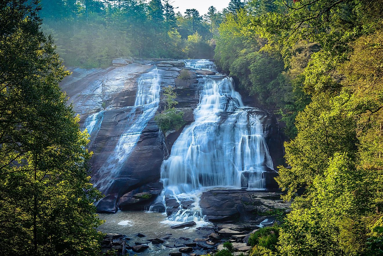 Brevard, Western North Carolina: An early morning misty photo of the High Falls of Dupont Forest.