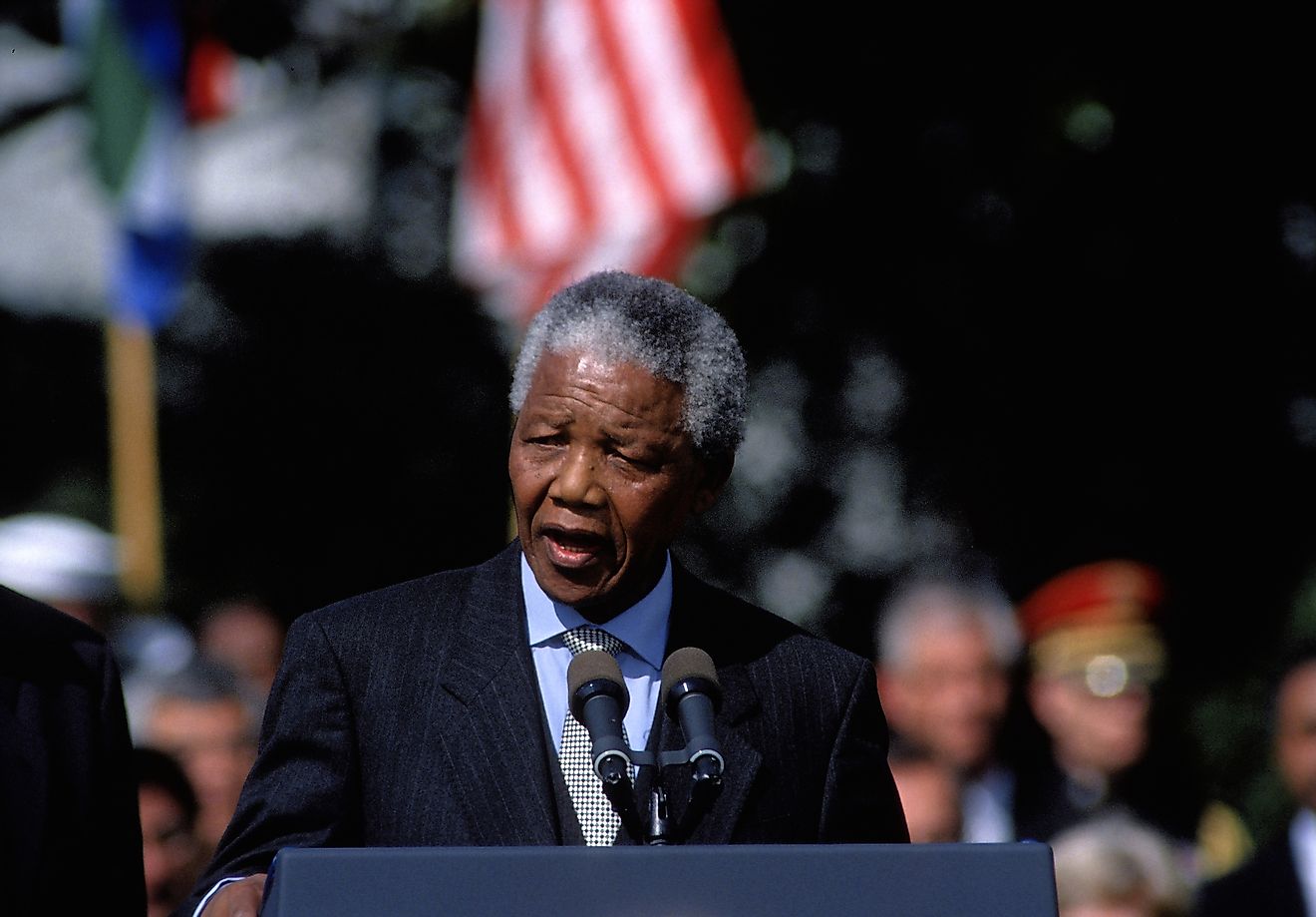 Washington, DC. USA, 4th October, 1994 President Nelson Mandela of South Africa delivers his speech on the South Lawn at the White House. Image credit: Mark Reinstein/Shutterstock.com
