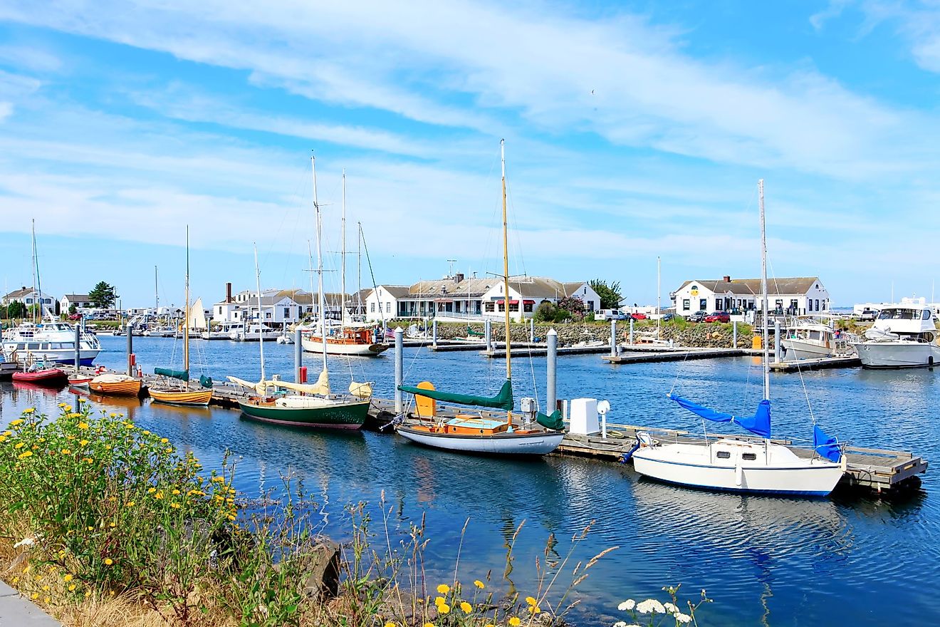 Downtown marina with boats and historical buildings in Port Townsend, Washington. 