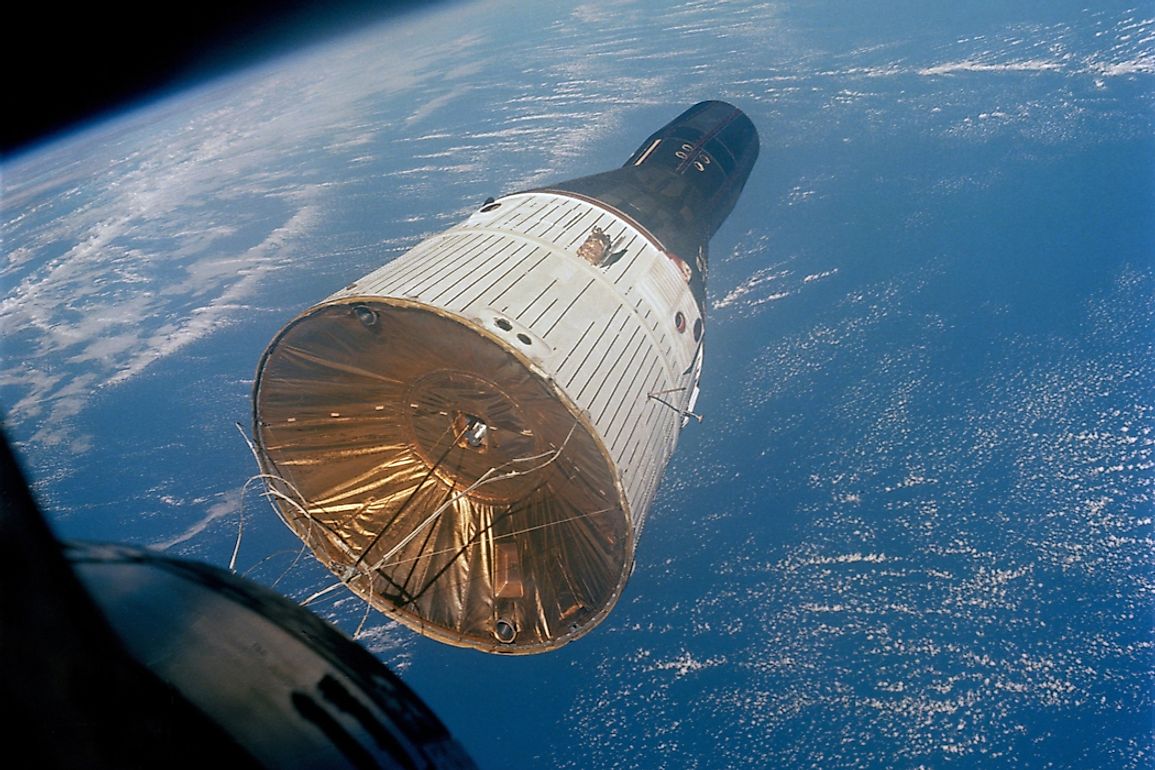 View of Gemini 7 from Gemini 6 during first manned space rendezvous.