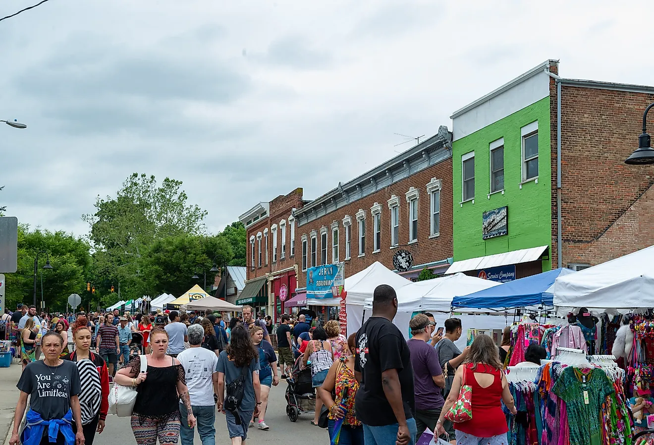 Downtown public street fair in Yellow Springs, Ohio. Image credit Adam Lovelace via Shutterstock