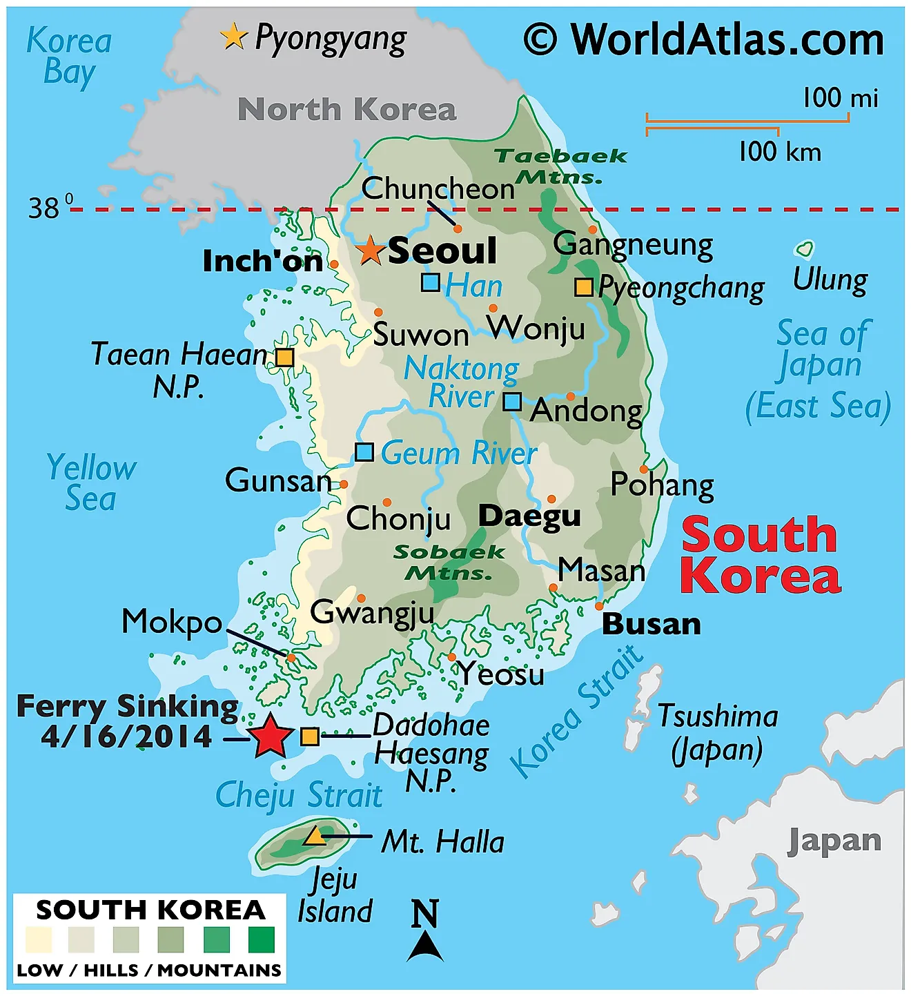 Mapa físico de Corea del Sur que muestra las fronteras internacionales, el relieve, las principales montañas, los ríos, el punto más alto, las ciudades importantes y las islas.