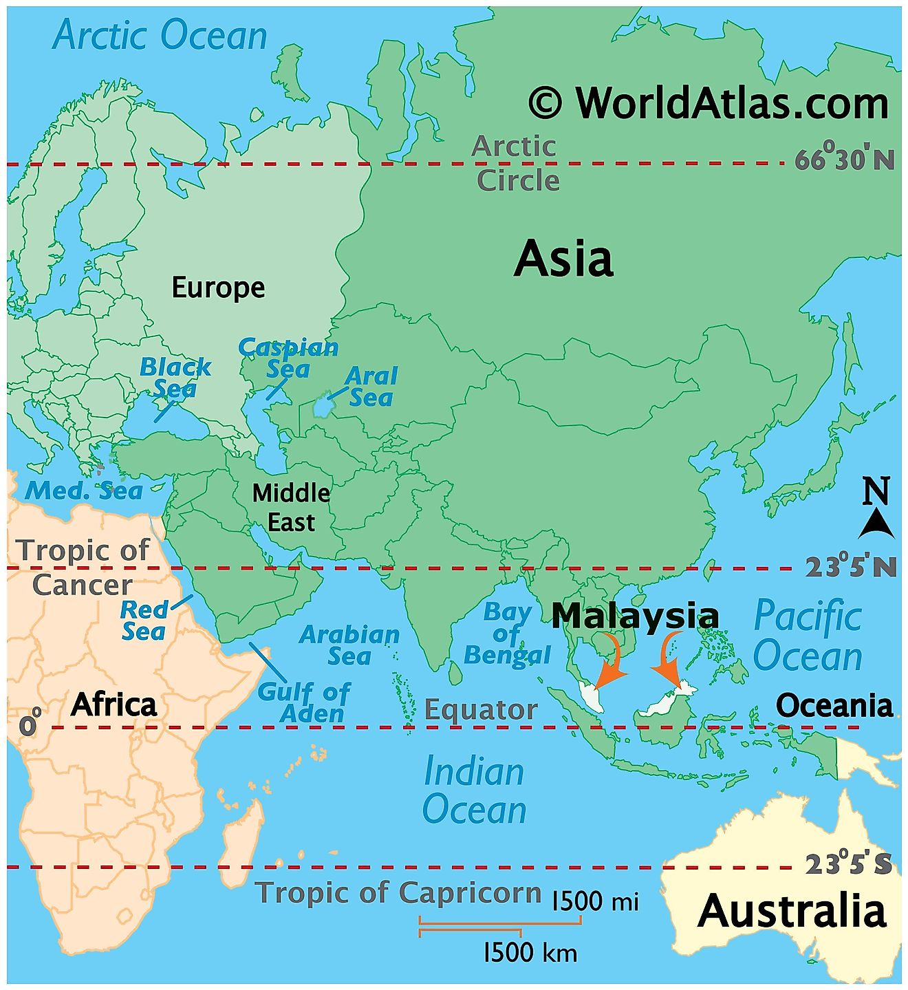 Map showing location of Malaysia in the world.