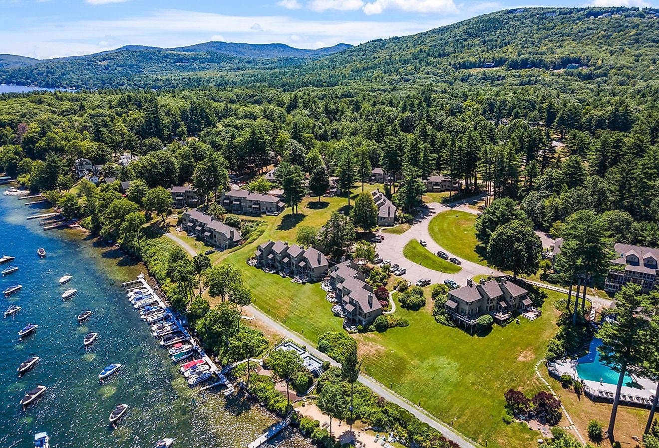 An aerial view of houses near Lake Winnipesaukee, New Hampshire.