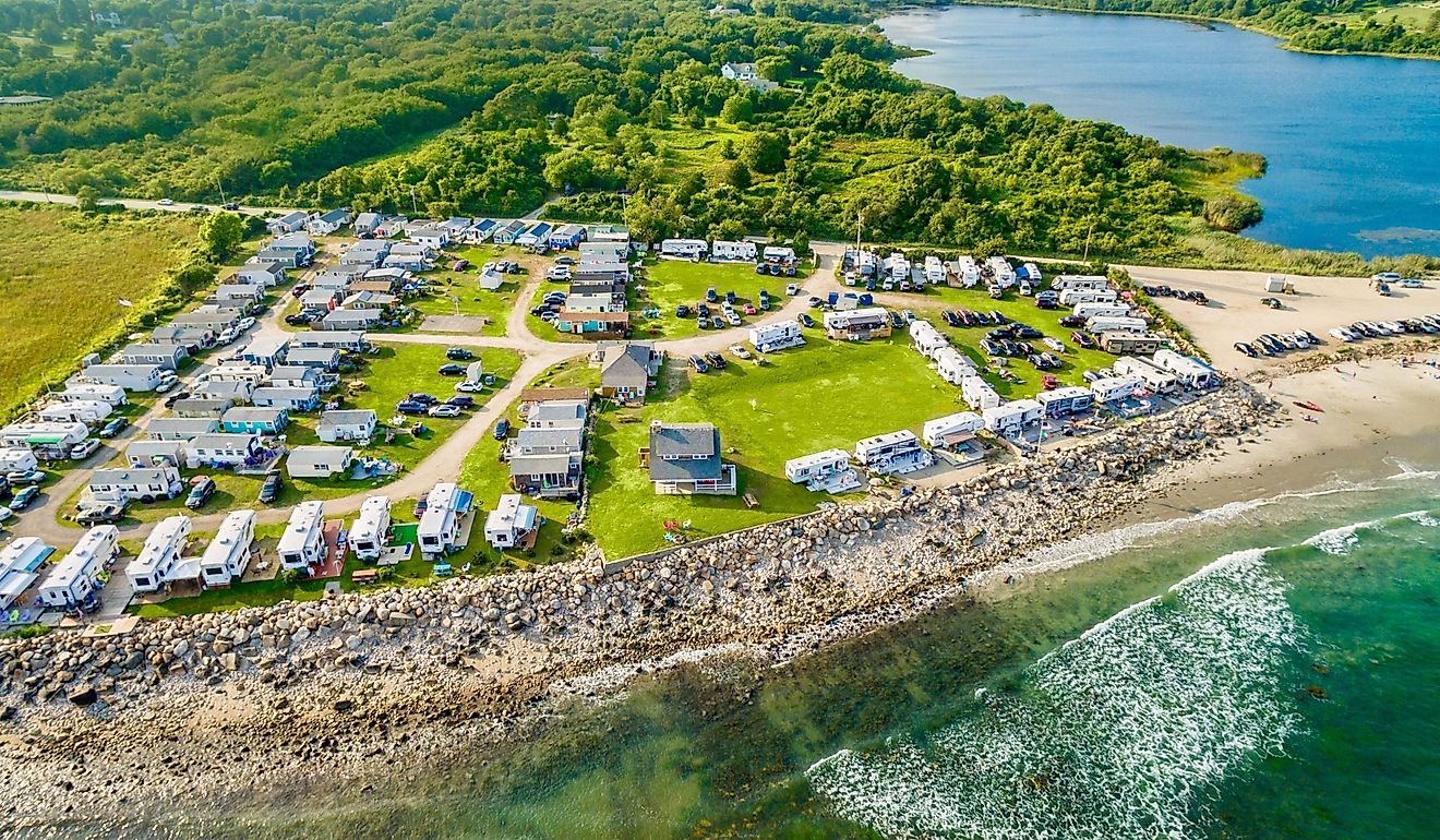 An aerial view of the beachfront campground in Little Compton, Rhode Island.
