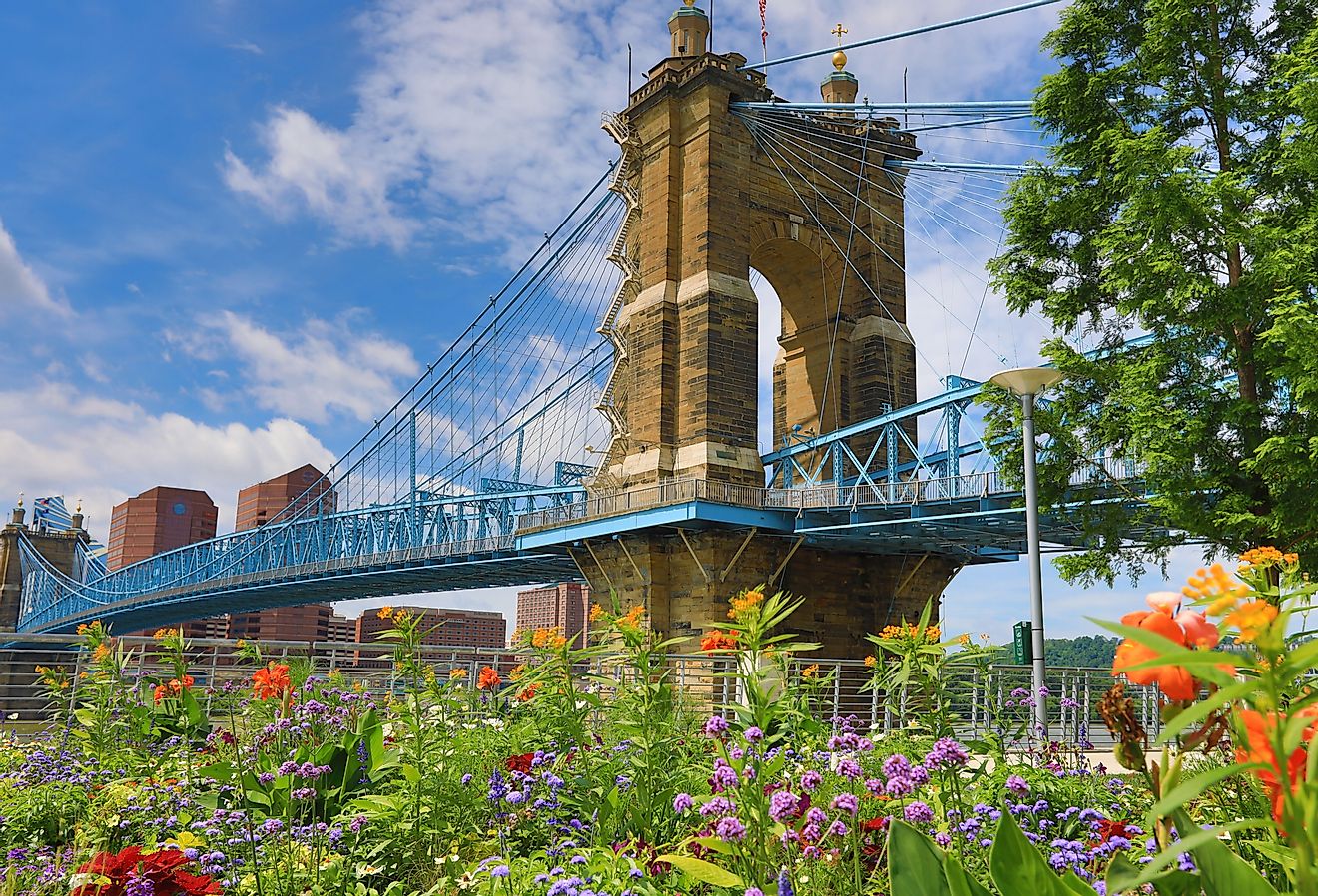 The John A. Roebling Bridge connects Covington, Kentucky to Cincinnati, Ohio.