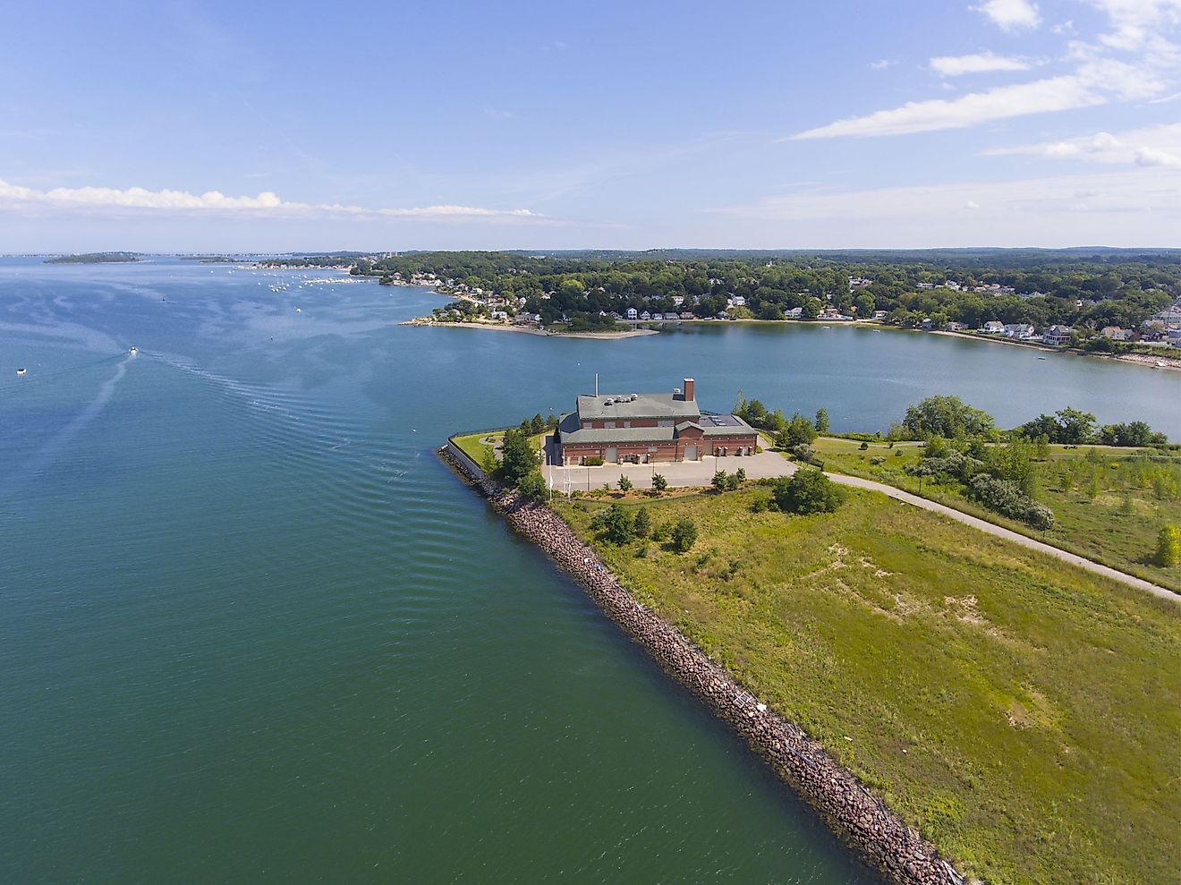 Aerial view of a sea shore in Boston Harbor in Weymouth, Massachusetts. 