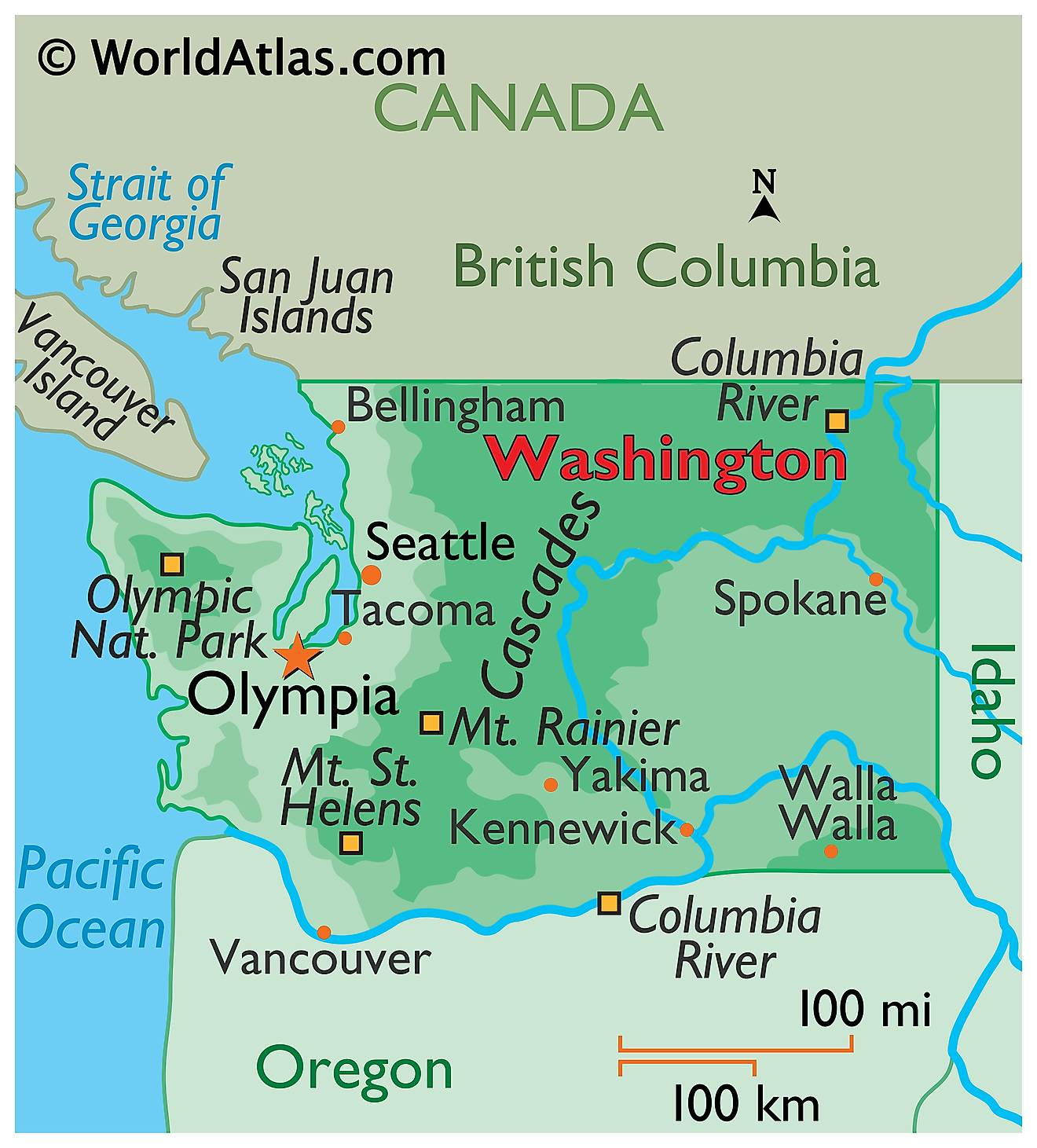 Physical Map of Washington. It shows the physical features of Washington including its mountain ranges, major rivers and lakes. 