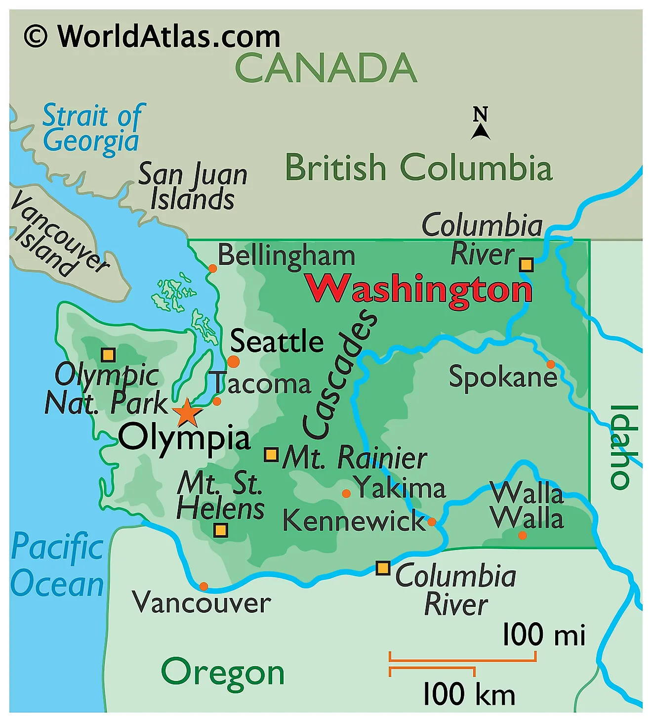 Physical Map of Washington. It shows the physical features of Washington including its mountain ranges, major rivers and lakes. 