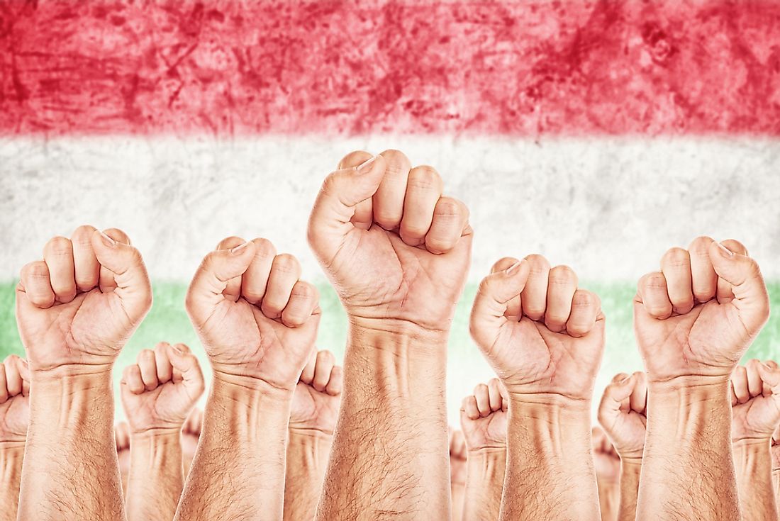 Clenched fists against a Hungarian flag. 
