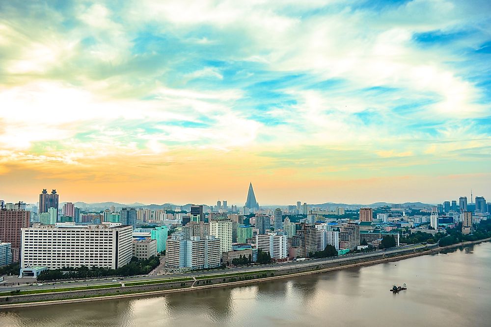 View of Pyongyang skyline including the Ryugyong Hotel. 