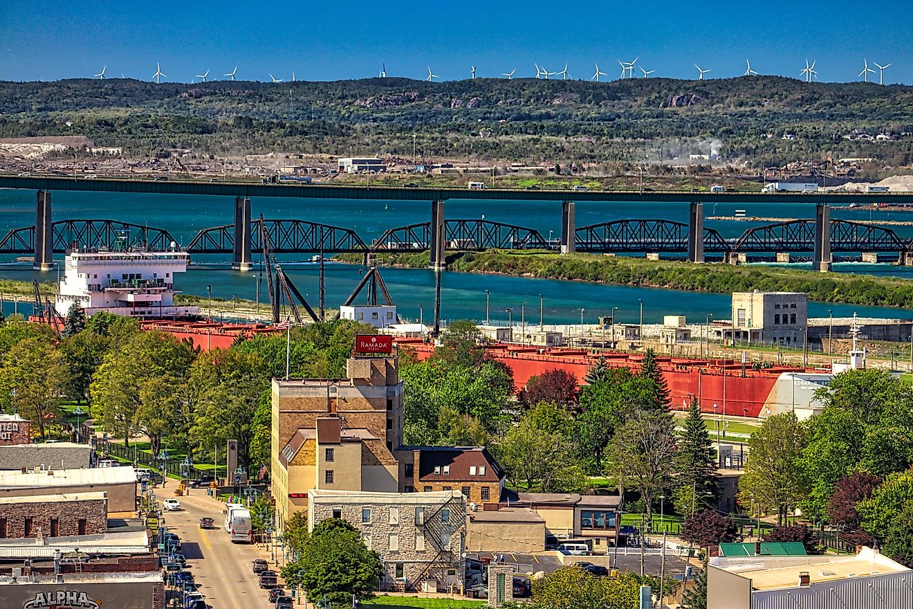 The Town of Sault Ste Marie Michigan in September 6, 2018 USA of ships, Soo Locks and downtown and the Saint Marys River