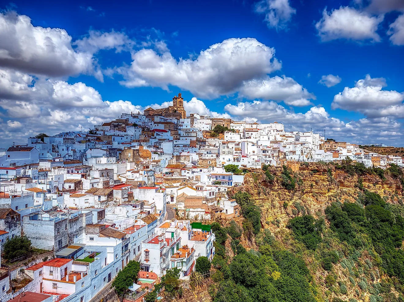 Panoramic of Arcos de la Frontera, white city built on a rock along the Guadalete river, in the province of Cádiz, Spain. 