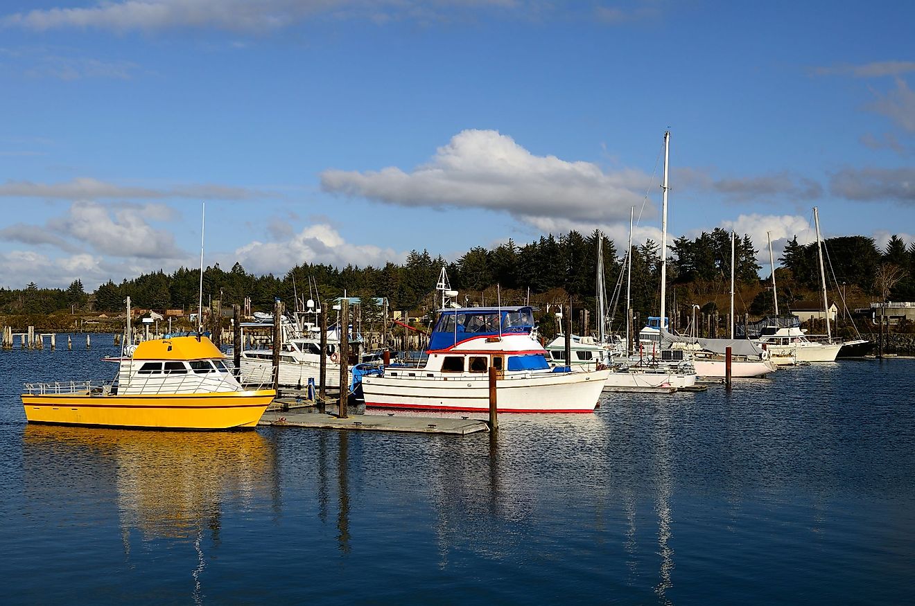 Small fishing boats parked in the Coquille River marina in Bandon, Oregon. 