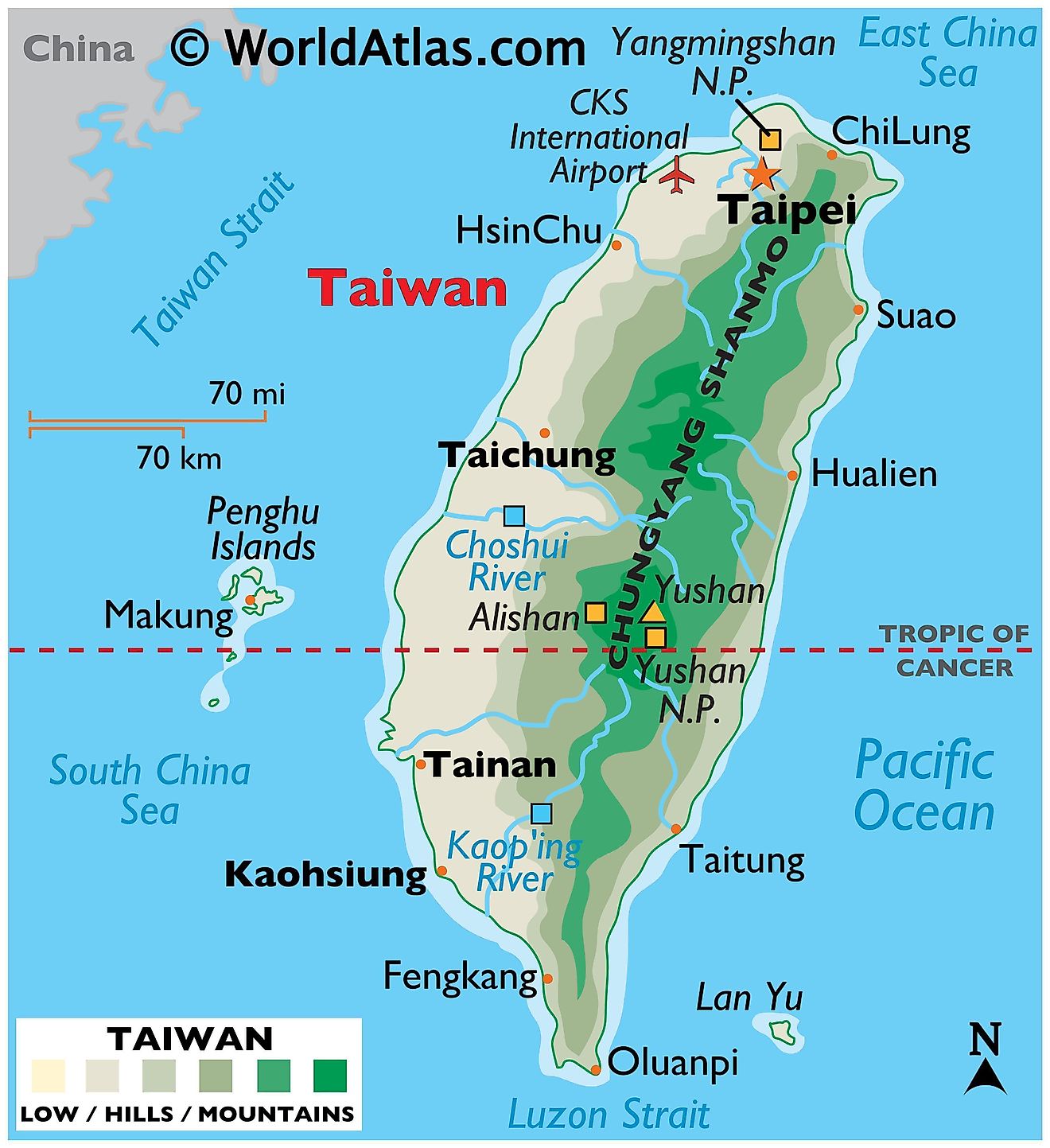 Physical Map of Taiwan with state boundaries, relief, major rivers, lakes, highland areas, highest peak, important cities, and more.