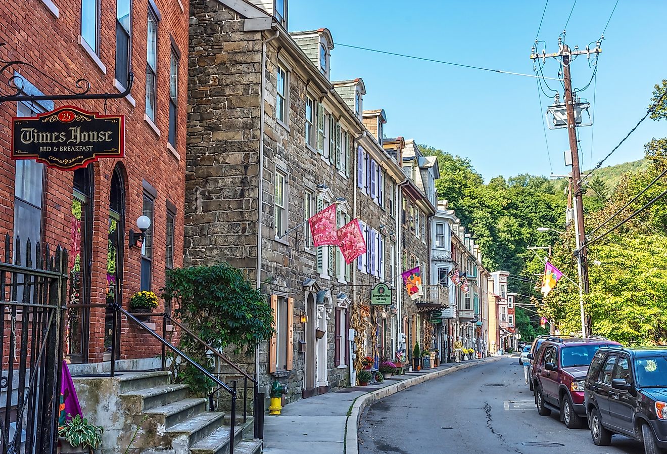 Historic row homes with shops on Race St in Jim Thorpe Pennsylvania. Image credit Andrew F. Kazmierski via Shutterstock