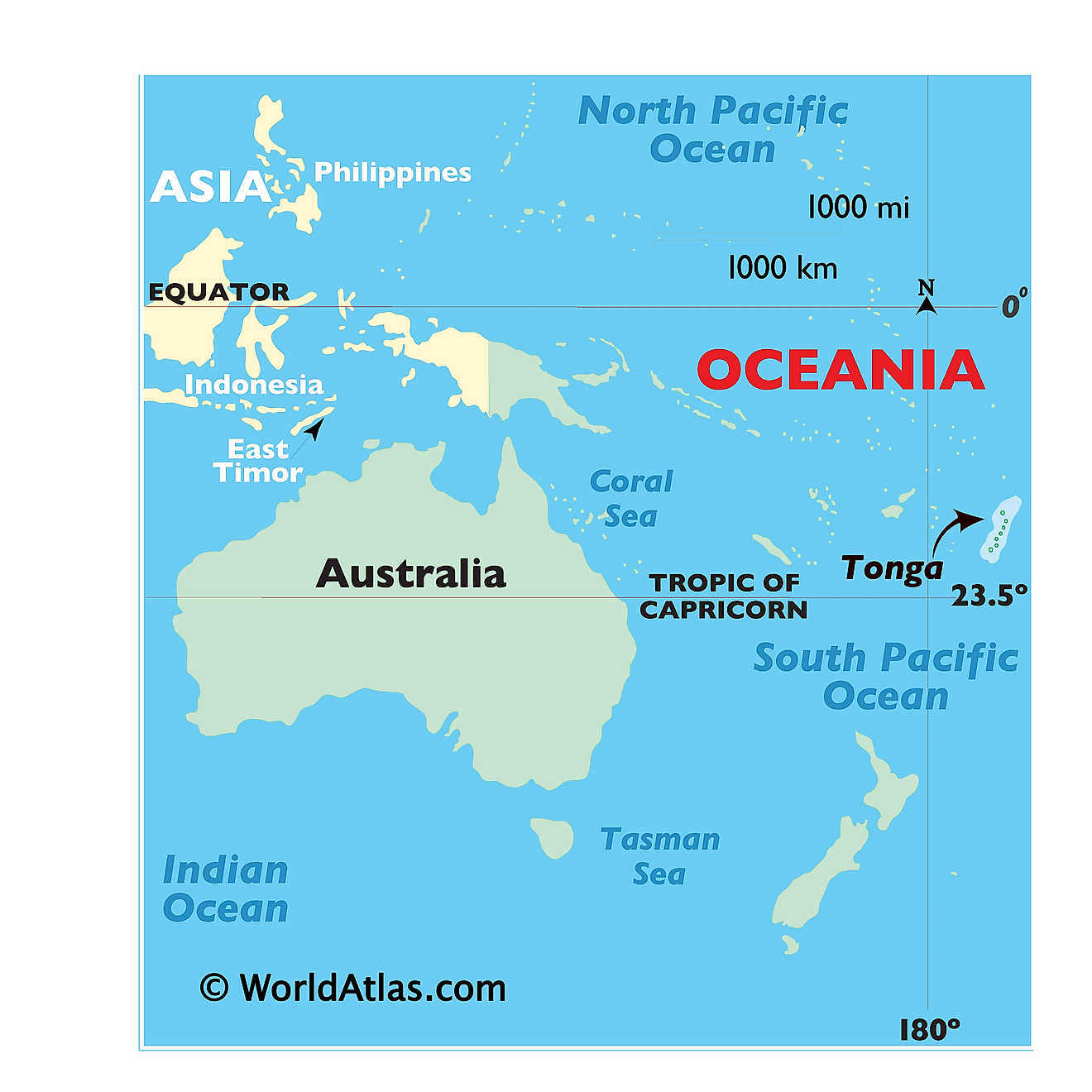 Mapa que muestra la ubicación de Tonga en el mundo.