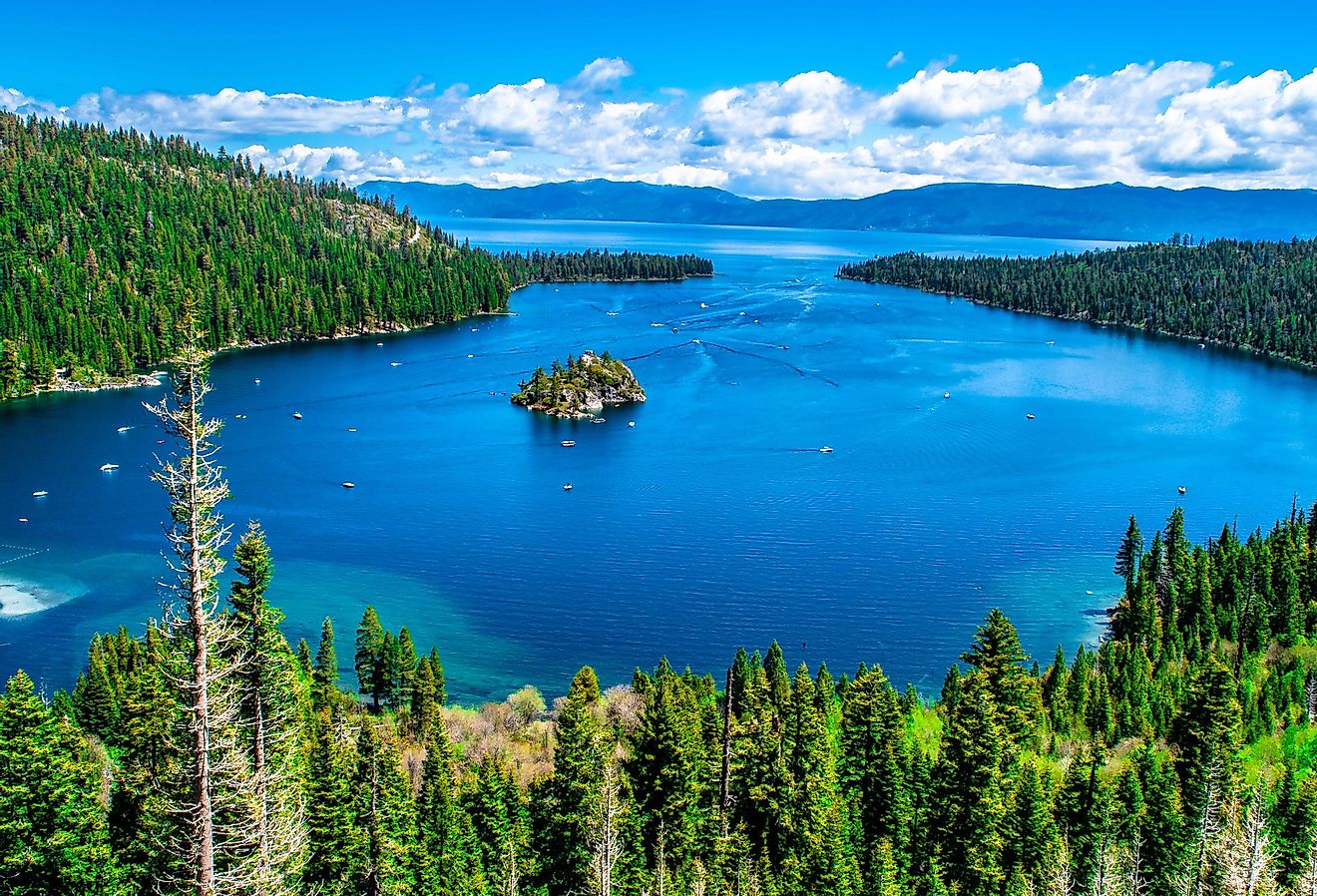 Aerial view of Emerald Bay, on a sunny day in Lake Tahoe, California.