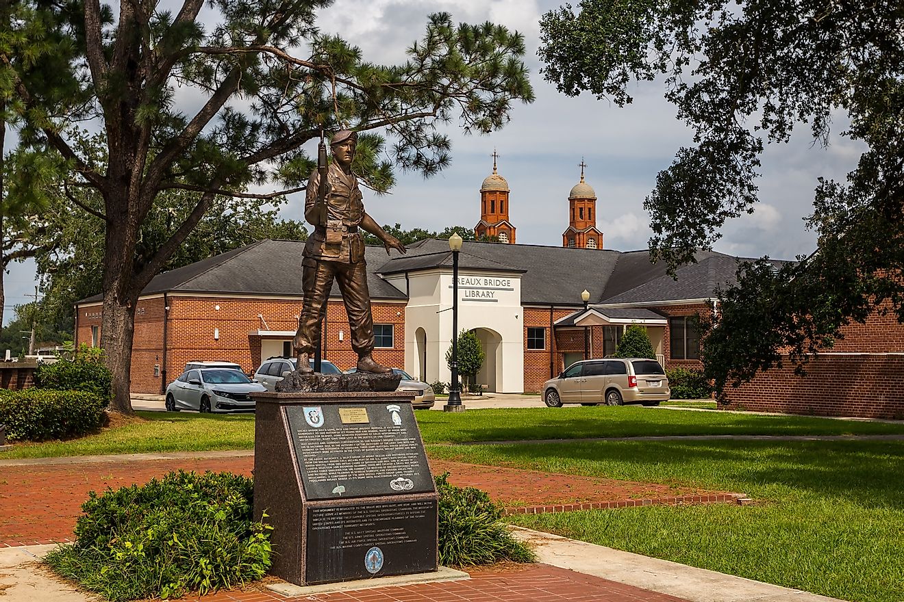 Statue near public library building, installed in honor of the Green Berets in Breaux Bridge, Louisiana.