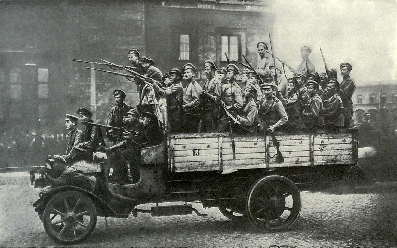 Truckload of soldiers during Russian Revolution, in St. Petersburg, 1917.
