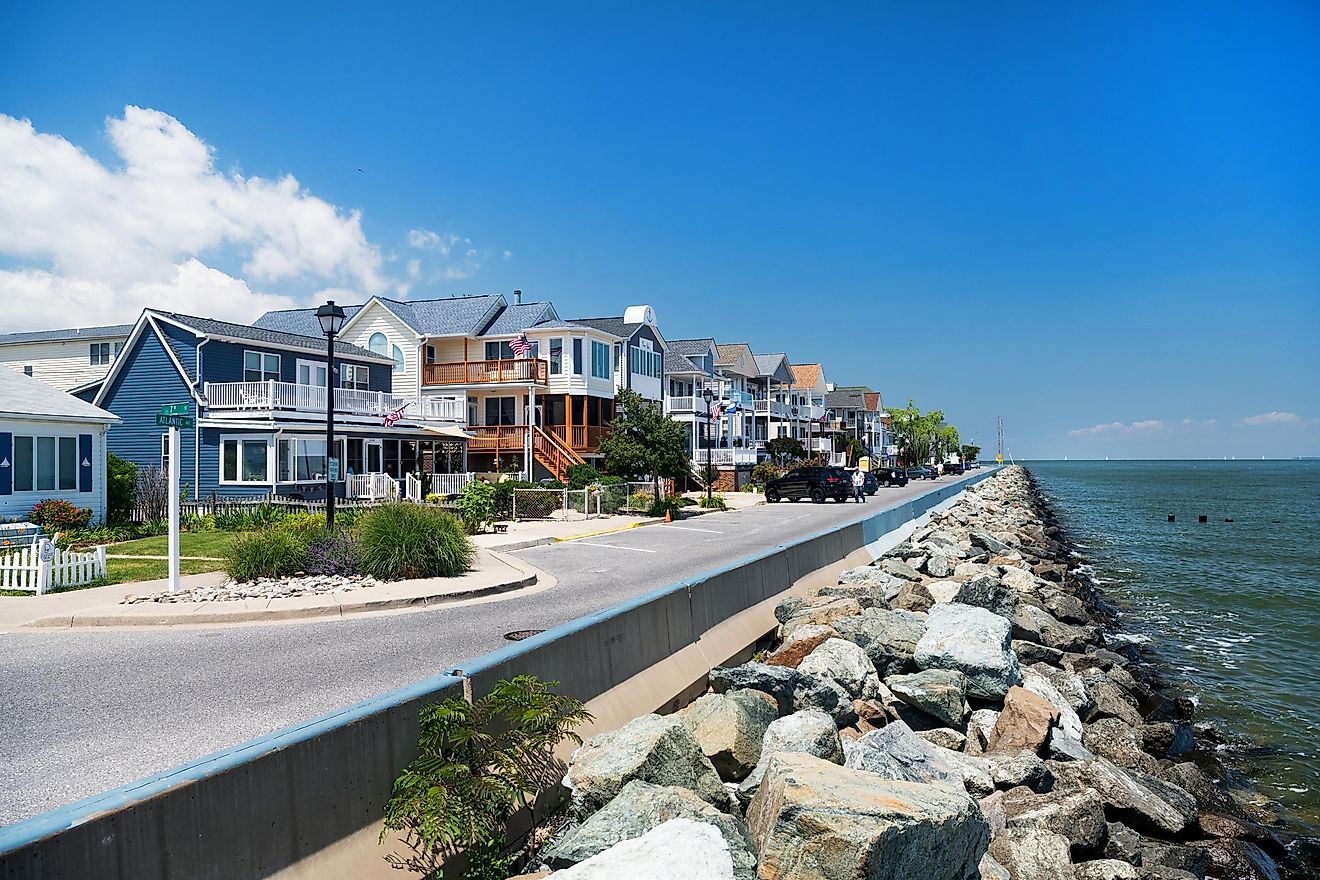 Homes on the Chesapeake Bay in North Beach, Maryland, on a sunny day with a blue sky.