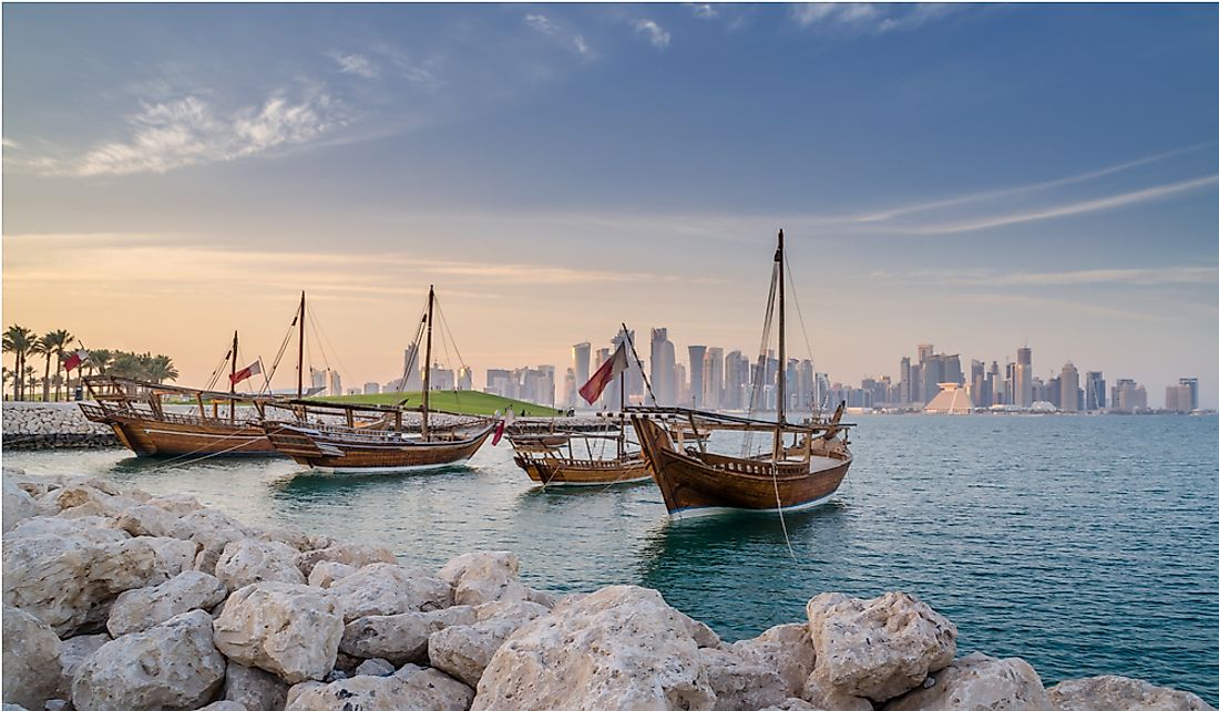 Traditional Arabian dhows moored in Doha, Qatar.