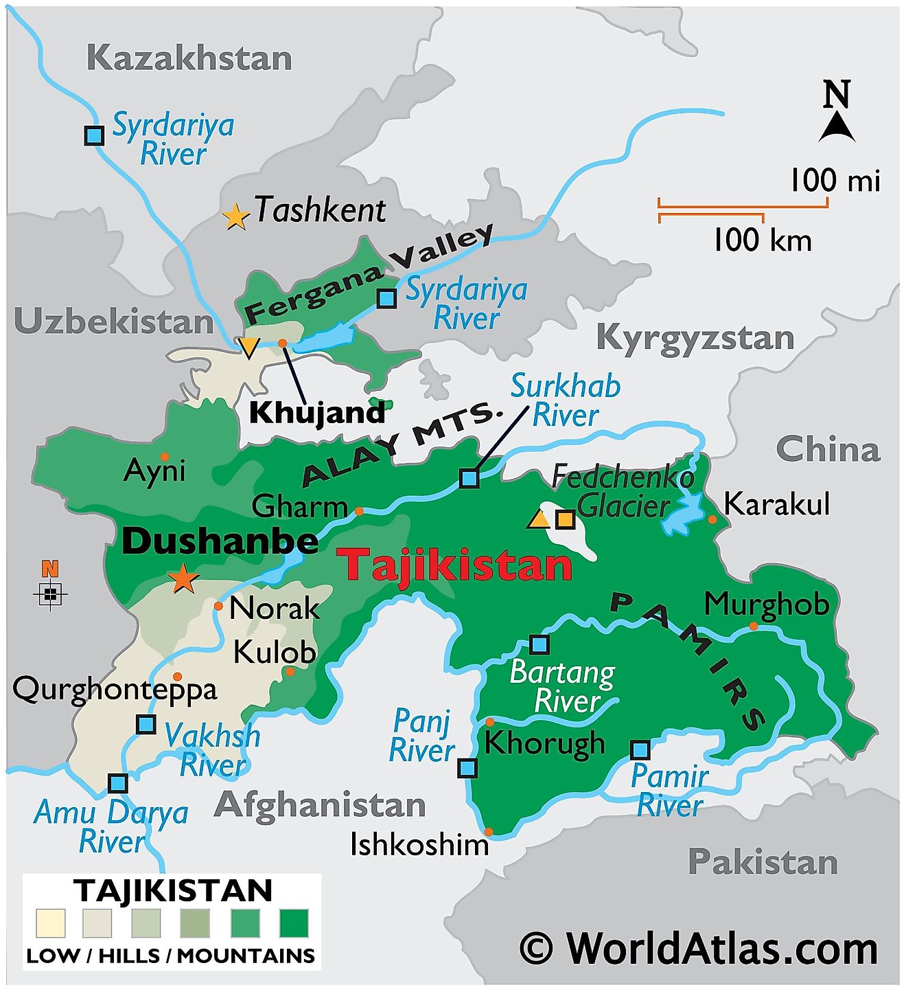 Phyiscal Map of Tajikistan with state boundaries, relief, major mountain ranges, rivers, Fedchenko Glacier, Fergana Valley, extreme points, etc.