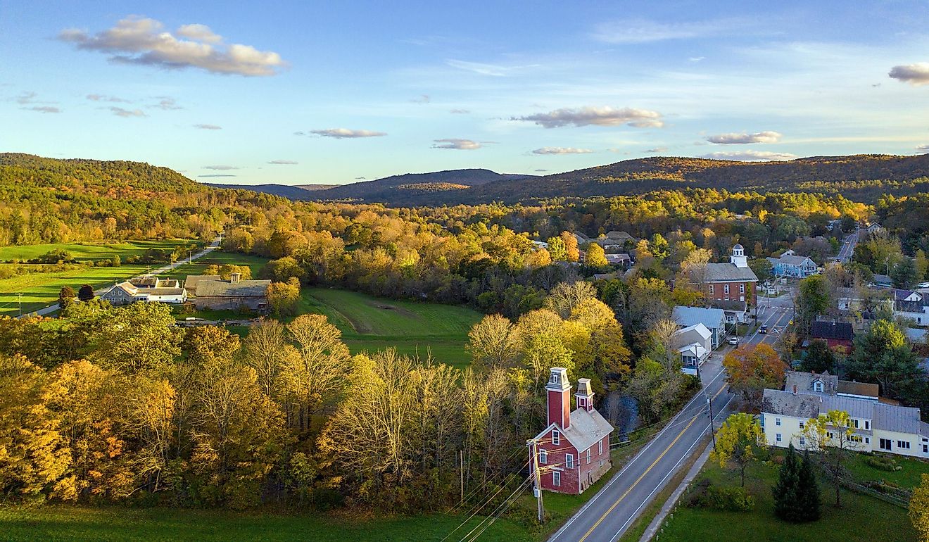 Aerial view of Fall colors in Chester VT.