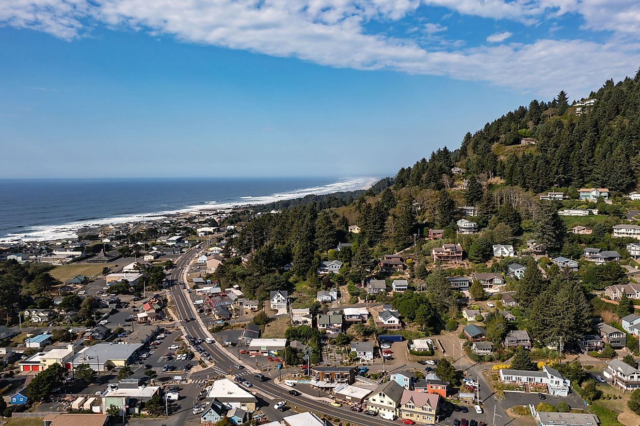 Oregon Coast Highway 101 winds through the town of Yachats on the Central Oregon Coast.