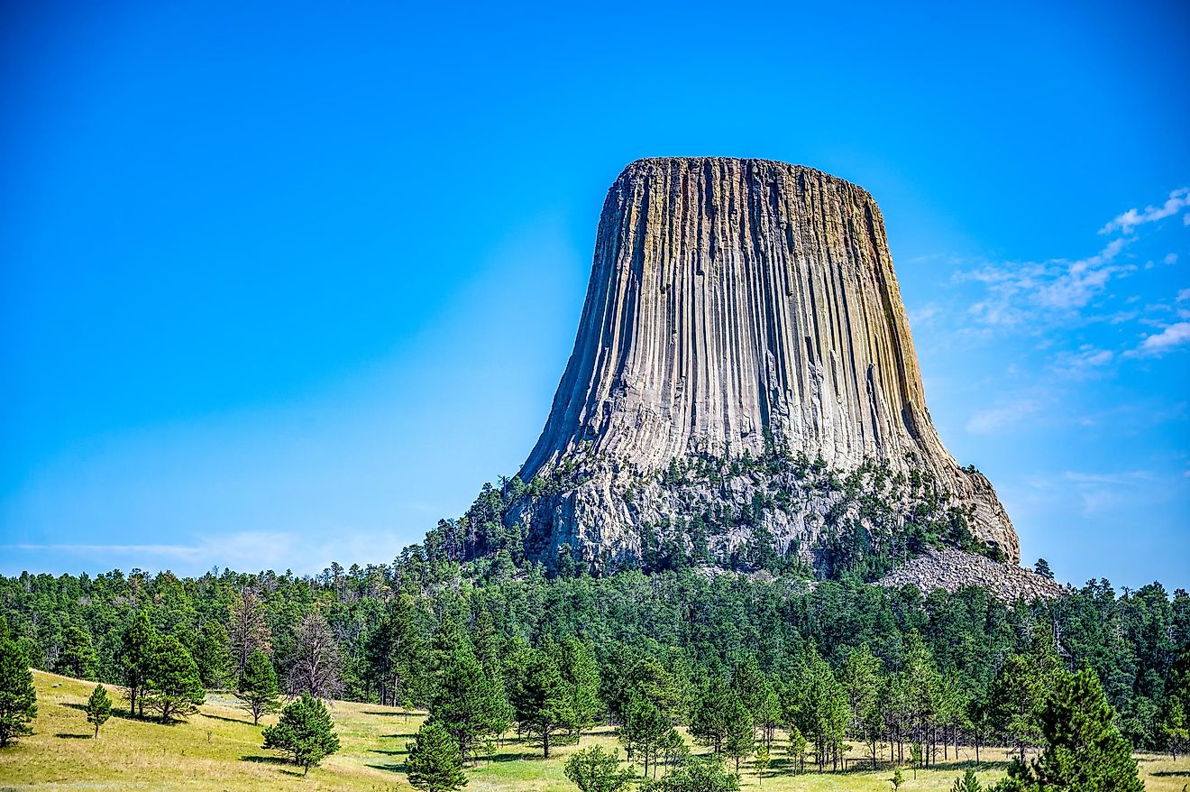 Devil's Tower, Sundance, Wyoming: Geological formation against the sky.